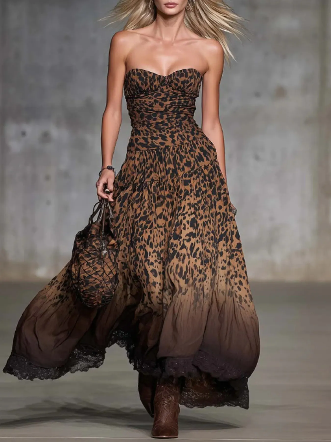 Strapless Leopard Print Maxi Dress