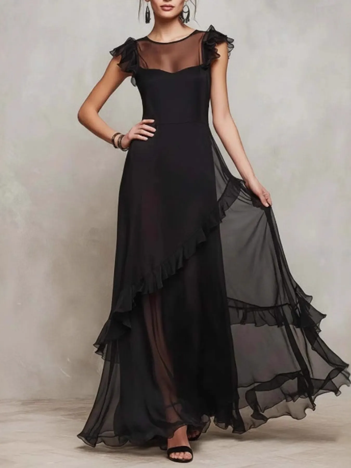 Sheer Ruffle Trim Maxi Dress