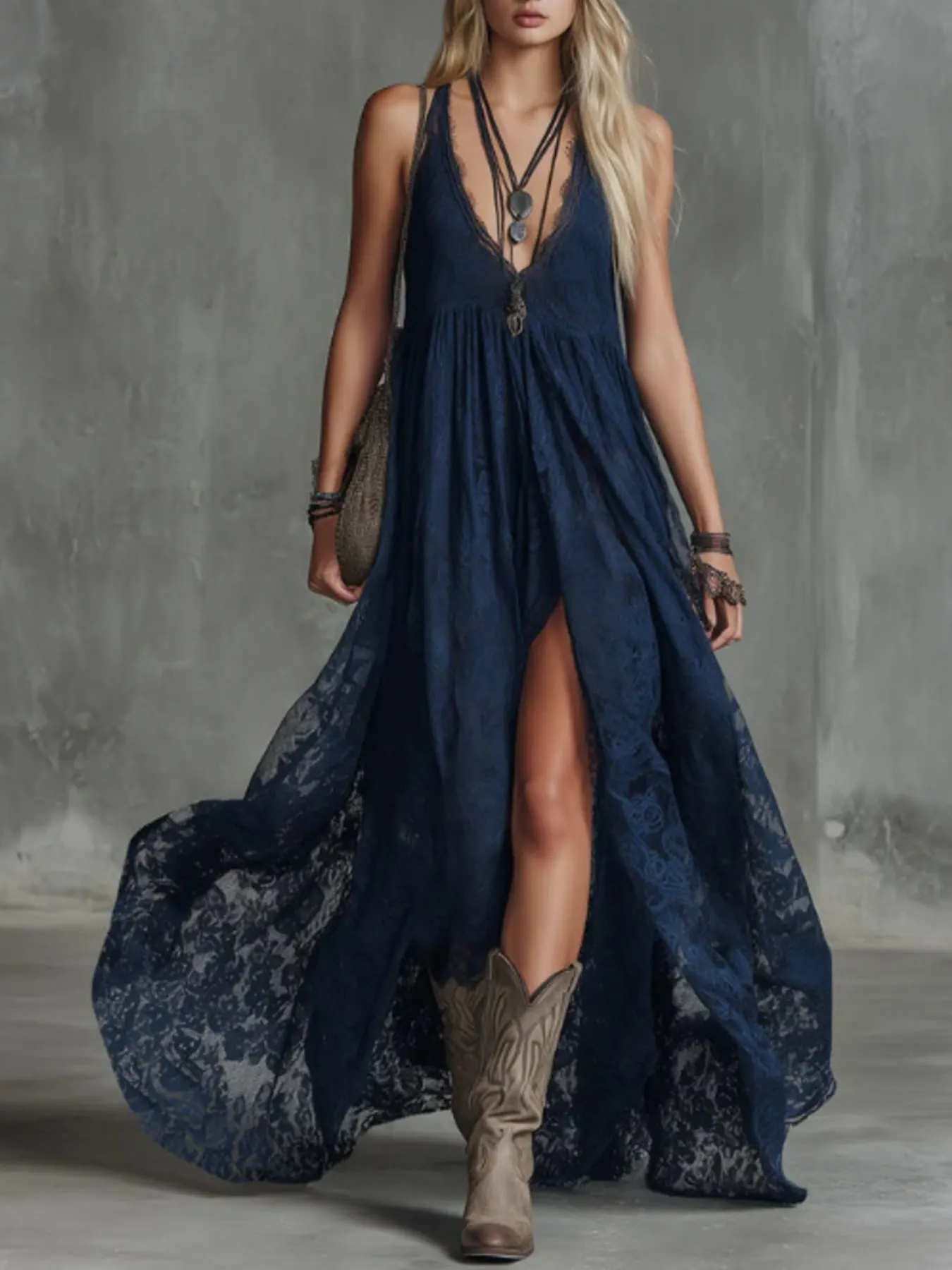 Lace Maxi Dress with High Slit