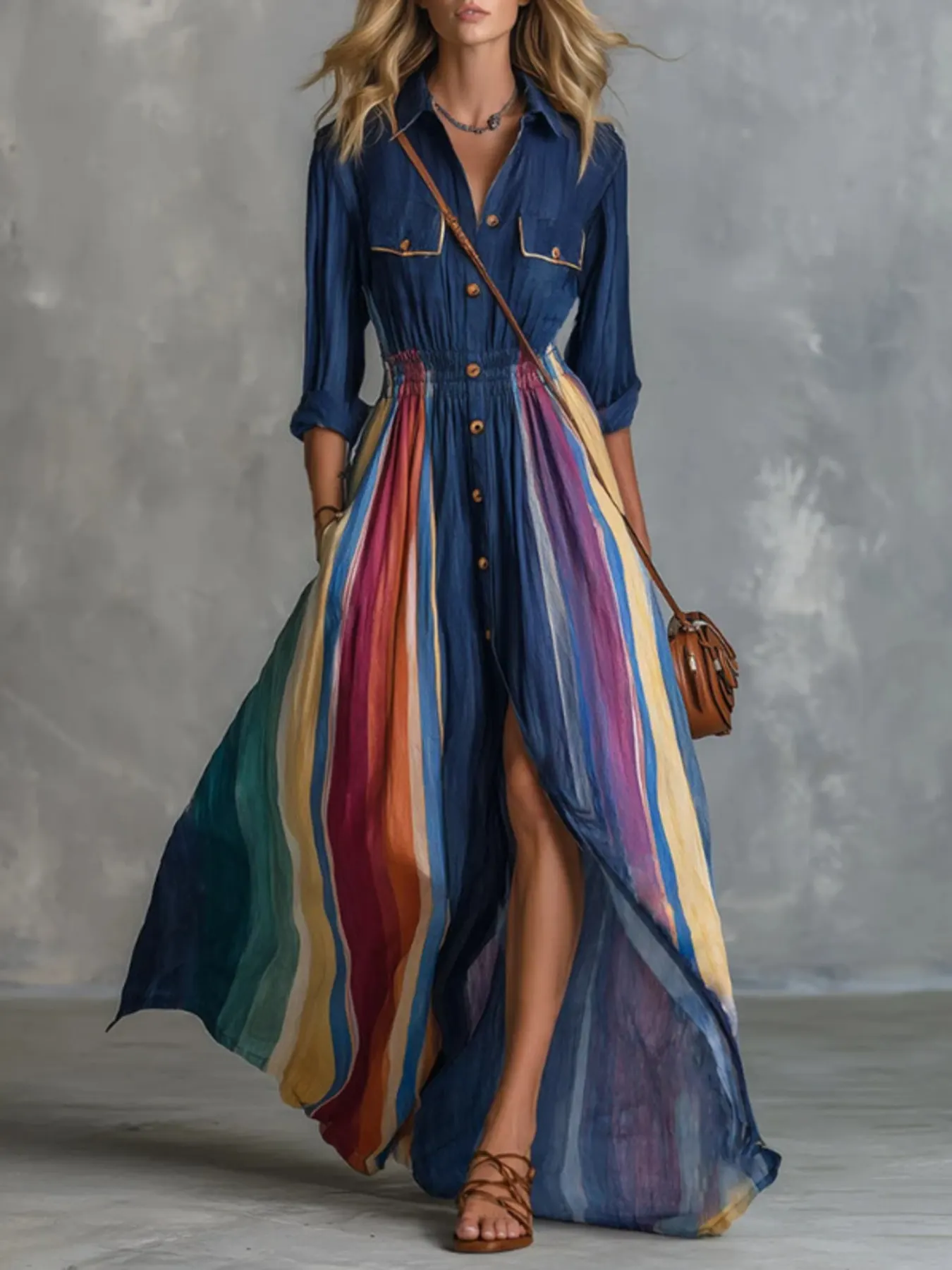 Multi-Color Striped Maxi Shirt Dress