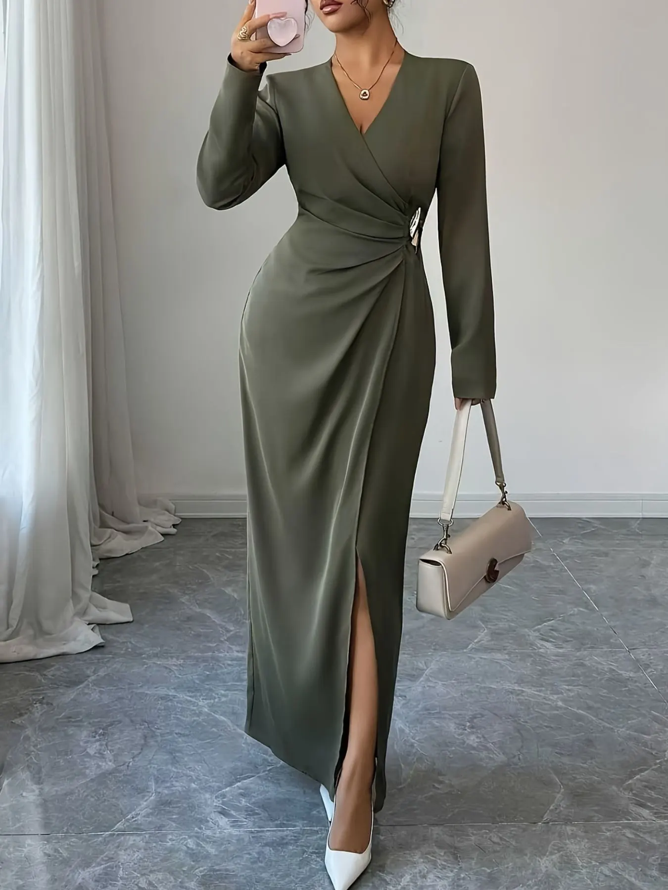 Slit Surplice Long Sleeve Maxi Dress